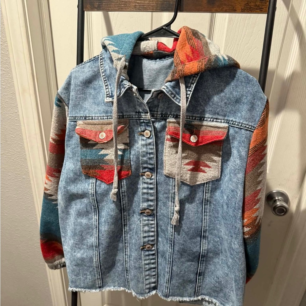 Denim Jacket with Colorful Southwestern Hoodie